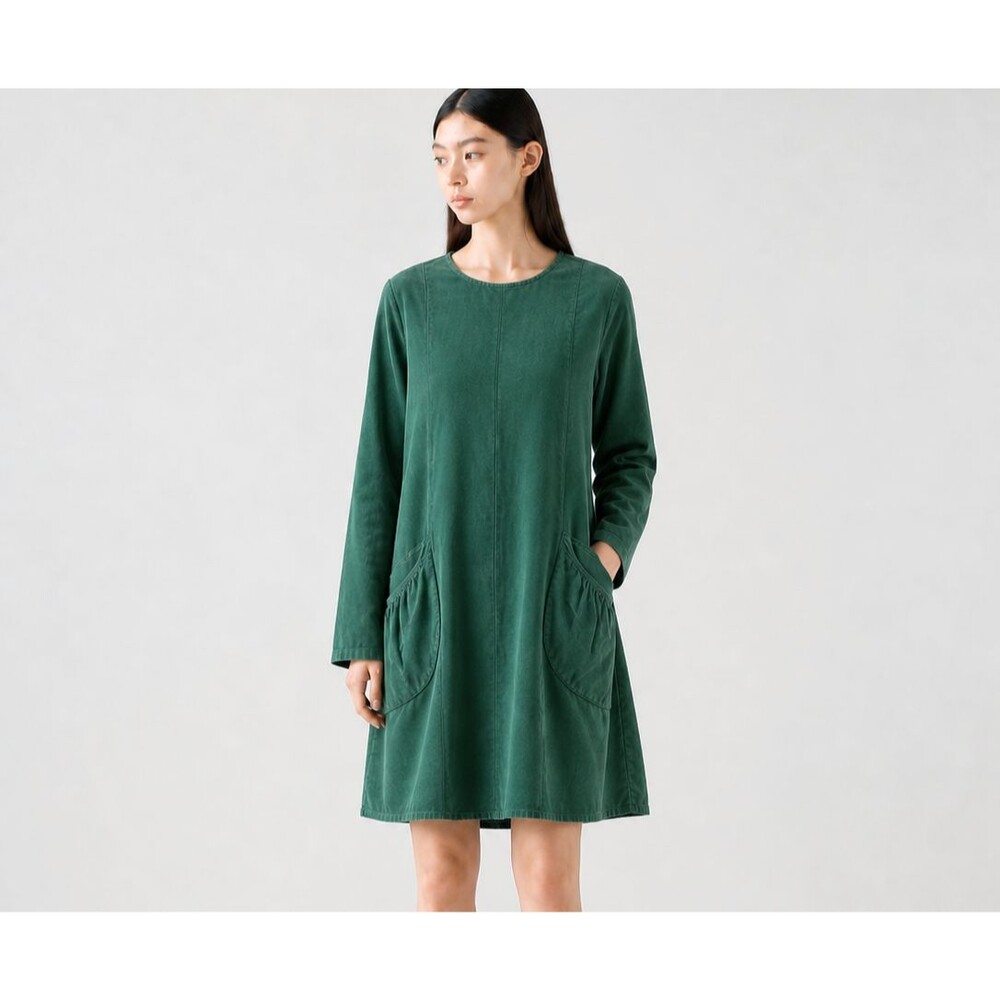 Kleen Corduroy Dress Womens M Green Long Sleeve Pocket Shift Casual Lagenlook